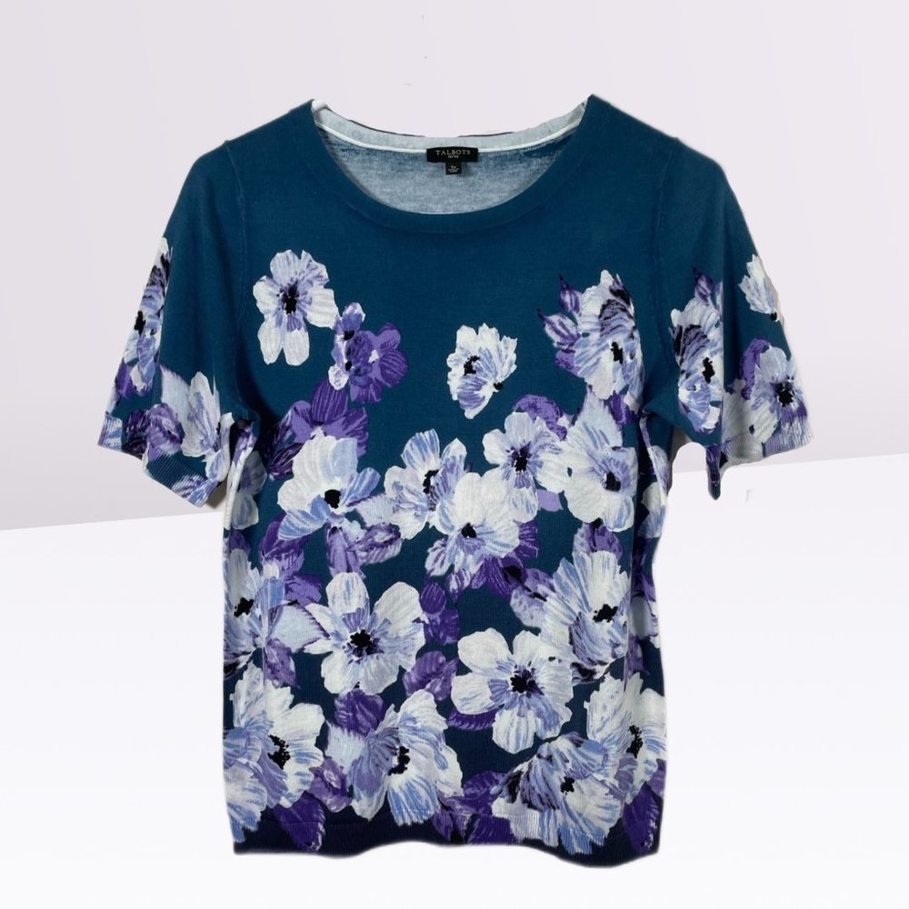 Talbots Women's Flowers Sweater Jersey Top Size SP Dark Teal New Without Tags